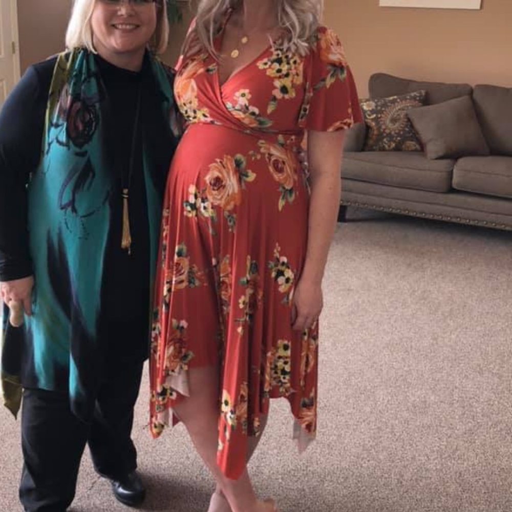 A line floral dress good for maternity.